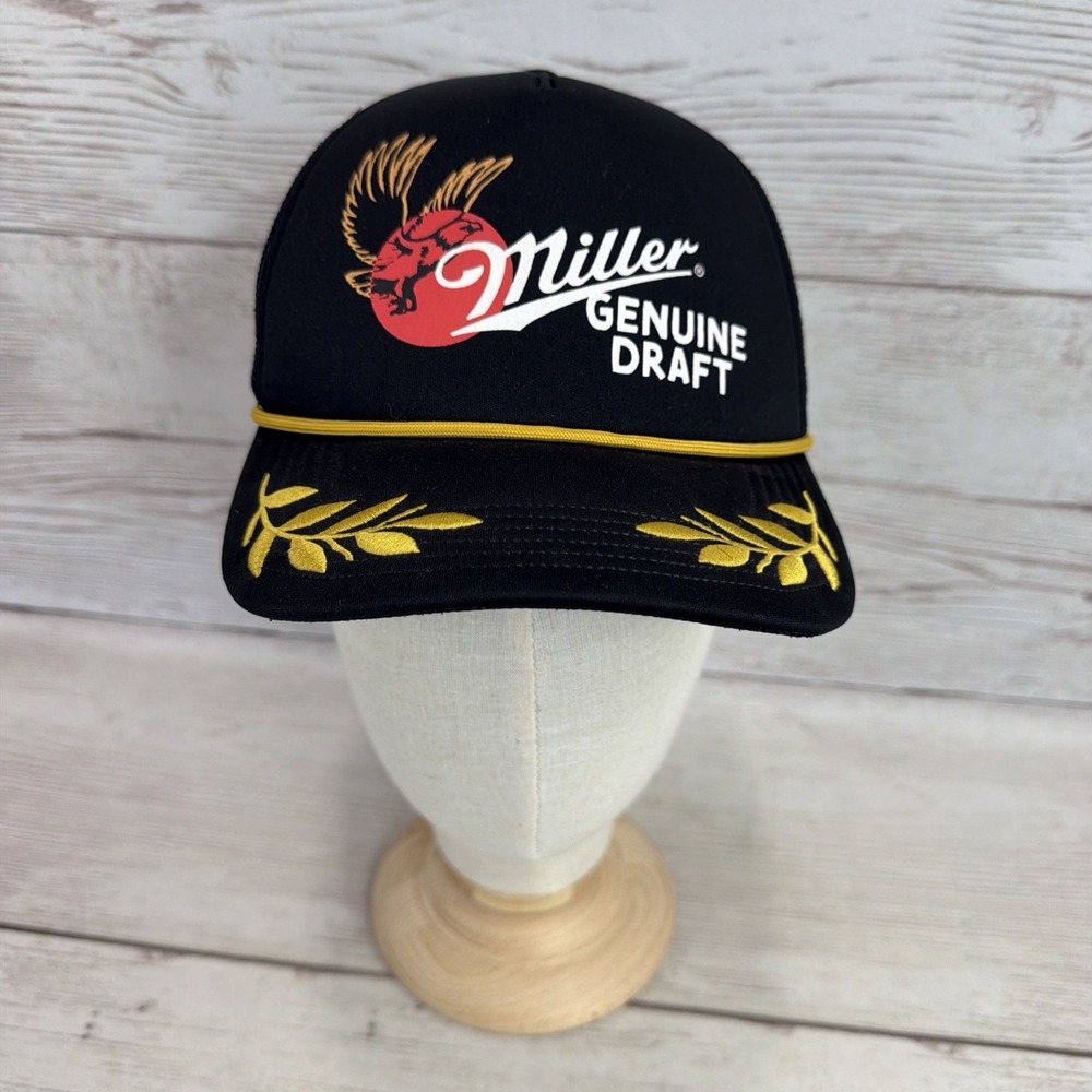 Miller Genuine Draft Hat Cap Snap Back Mesh Trucker Rope Black Gold Eagle Beer